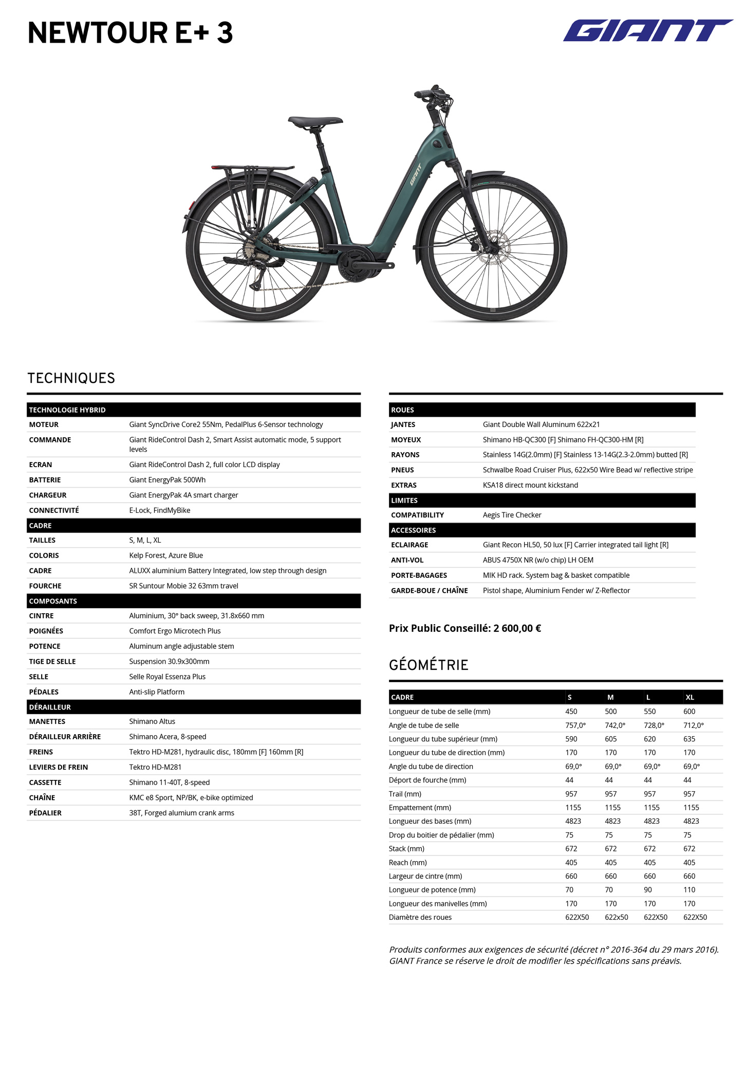 Fiche technique du velo électrique Newtour E+ 3 année 2027